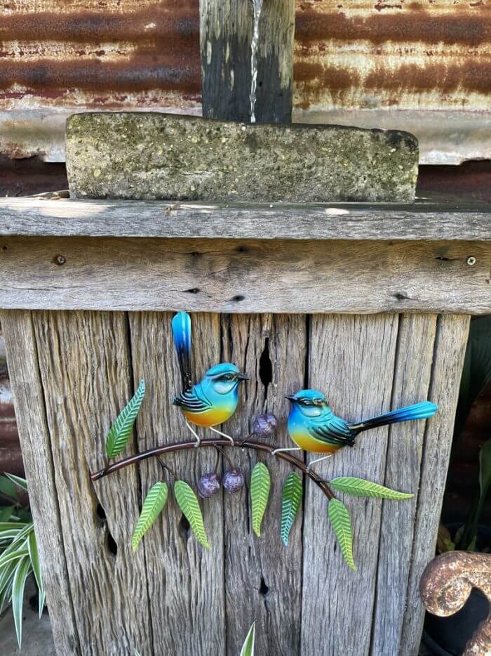 Blue Wrens On A Gum Tree Branch Wall Art - Handmade Metal Art