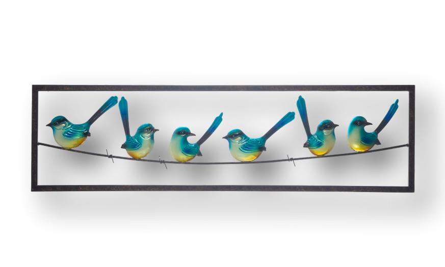 Blue Wrens On A Wire Wall Art - Handmade Metal Art