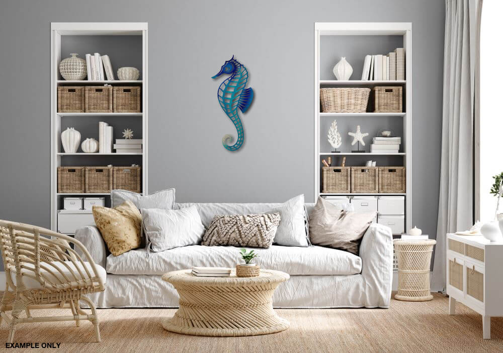 Large Blue Stylish Seahorse Wall Art - Handmade Laser Cut Metal Art