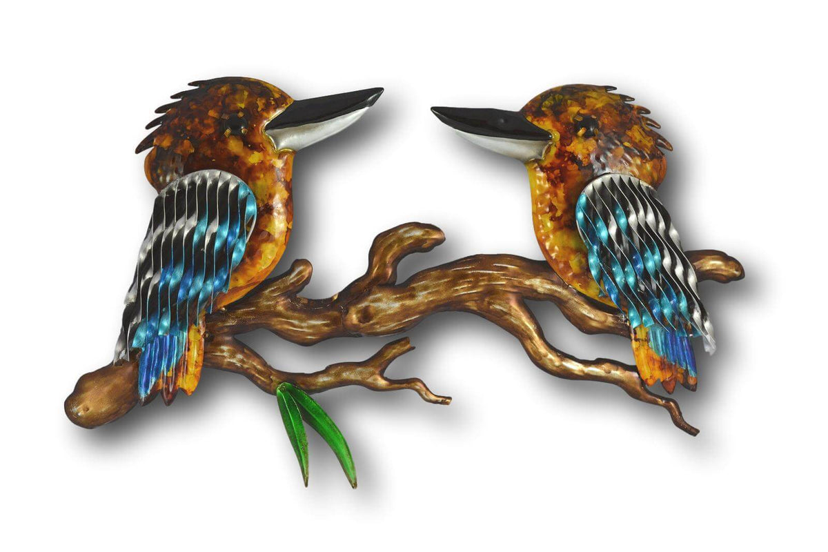 TWO COLOURFUL KOOKABURRAS BIRD WALL ART - HANDMADE METAL ART + SINGING BOWLS AND MEDITATION