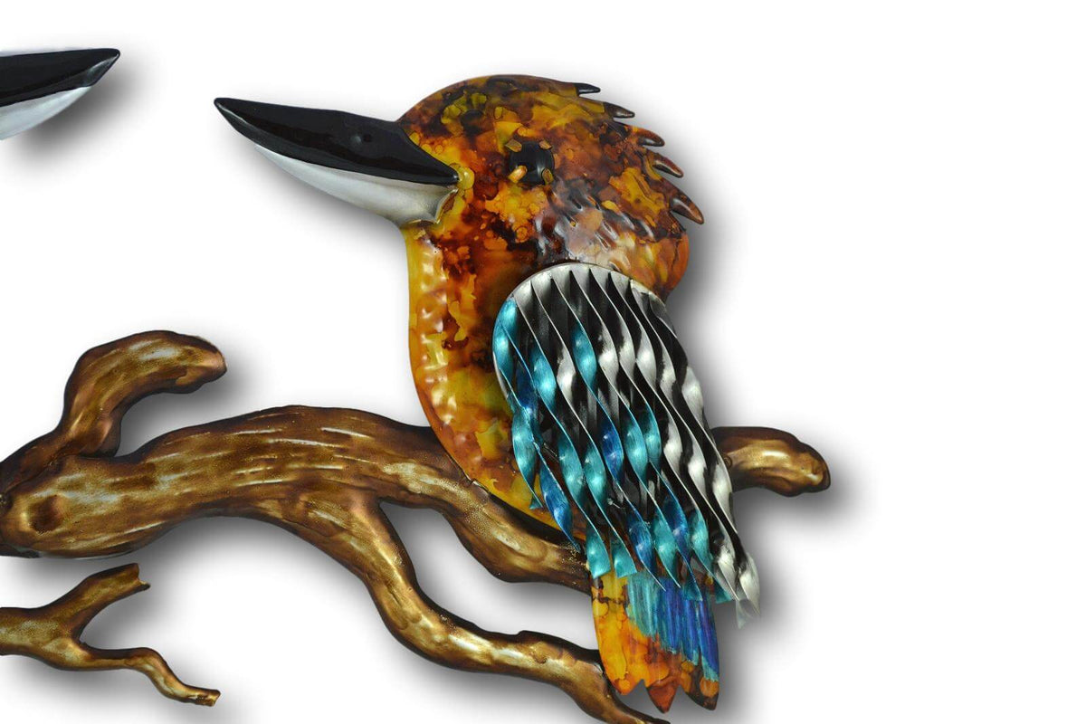 TWO COLOURFUL KOOKABURRAS BIRD WALL ART - HANDMADE METAL ART + SINGING BOWLS AND MEDITATION