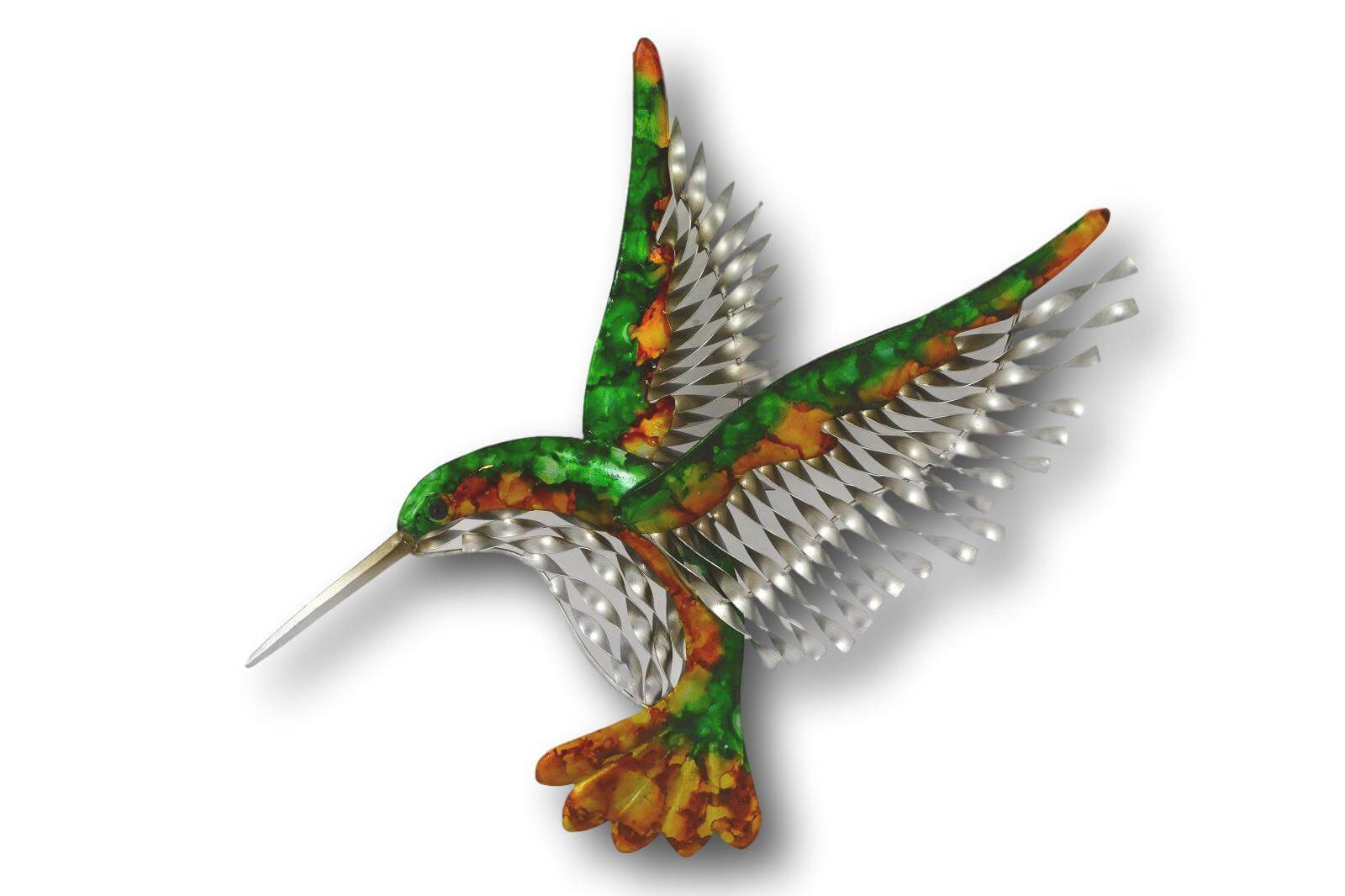 COLOURFUL FLYING HUMMING BIRD WALL ART - HANDMADE METAL ART + SINGING BOWLS AND MEDITATION