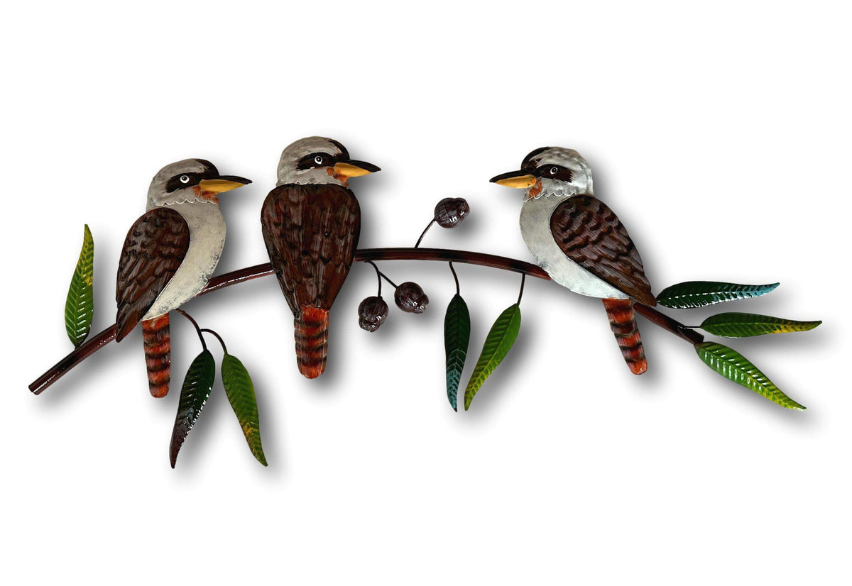 Three Kookaburra&#39;s On A Gumtree Branch Wall Art - Handmade Metal Art