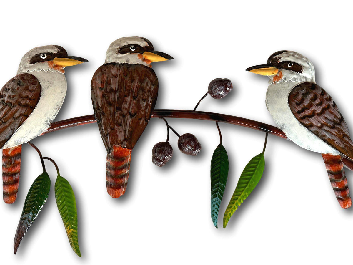 Three Kookaburra&#39;s On A Gumtree Branch Wall Art - Handmade Metal Art