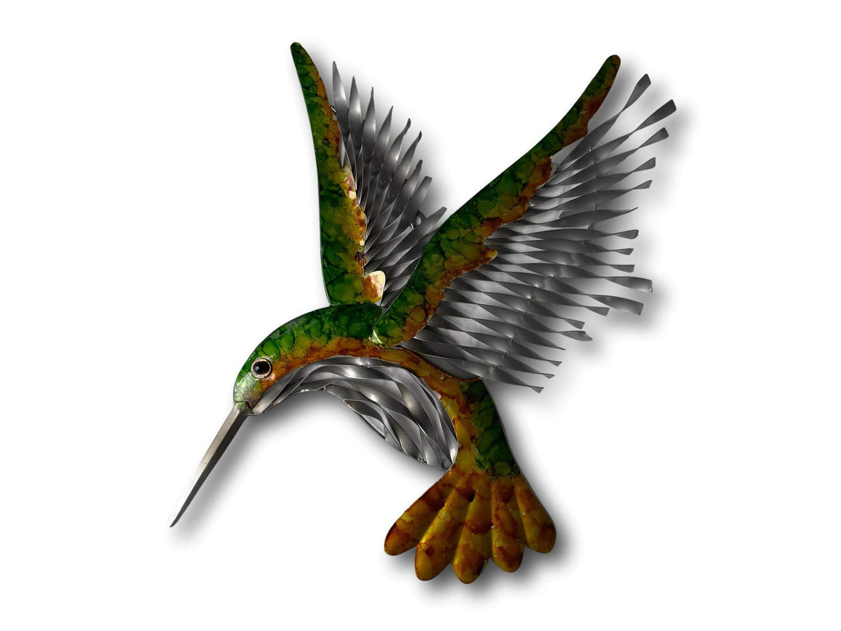 COLOURFUL FLYING HUMMING BIRD WALL ART - HANDMADE METAL ART + SINGING BOWLS AND MEDITATION
