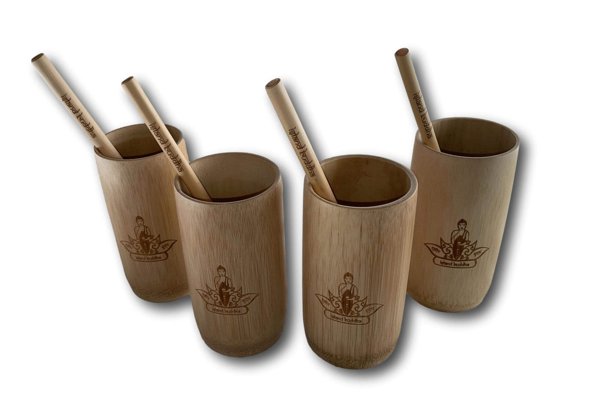 SET OF 4 ORGANIC BAMBOO DRINKING CUPS WITH STRAWS - REUSABLE &amp; SUSTAINABLE + SINGING BOWLS AND MEDITATION