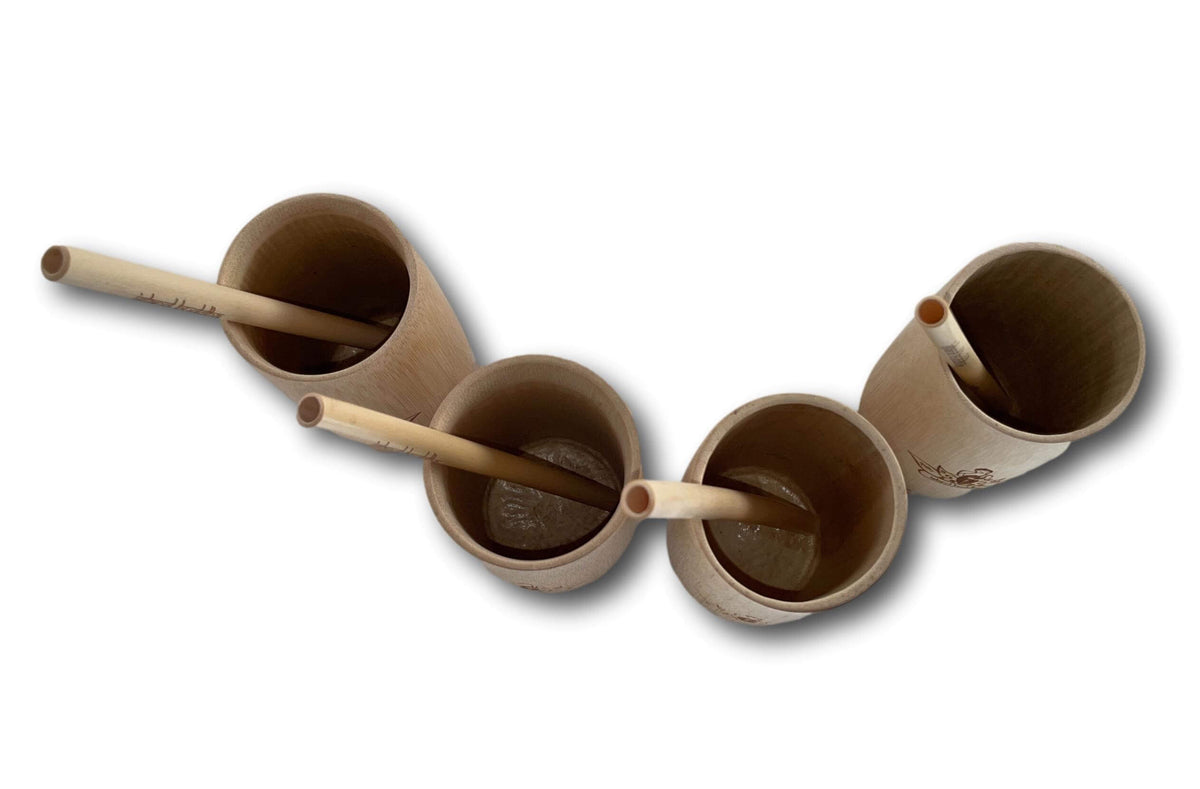 SET OF 4 ORGANIC BAMBOO DRINKING CUPS WITH STRAWS - REUSABLE &amp; SUSTAINABLE + SINGING BOWLS AND MEDITATION