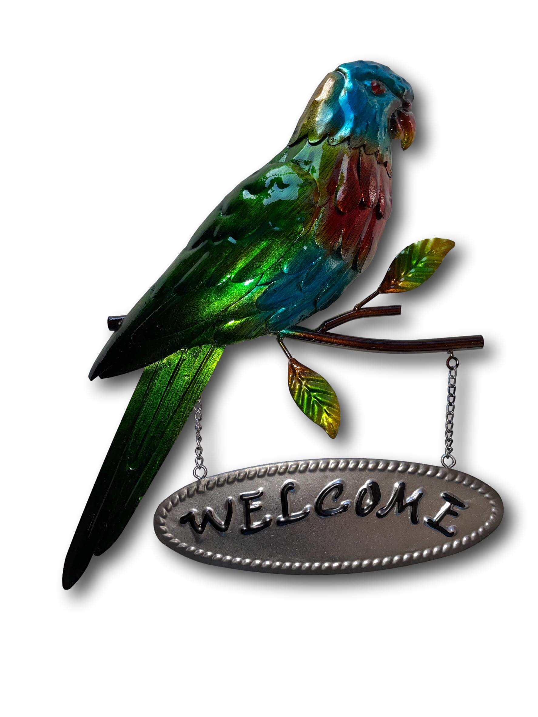 COLOURFUL PARROT WELCOME SIGN WALL ART - HANDMADE METAL ART + SINGING BOWLS AND MEDITATION