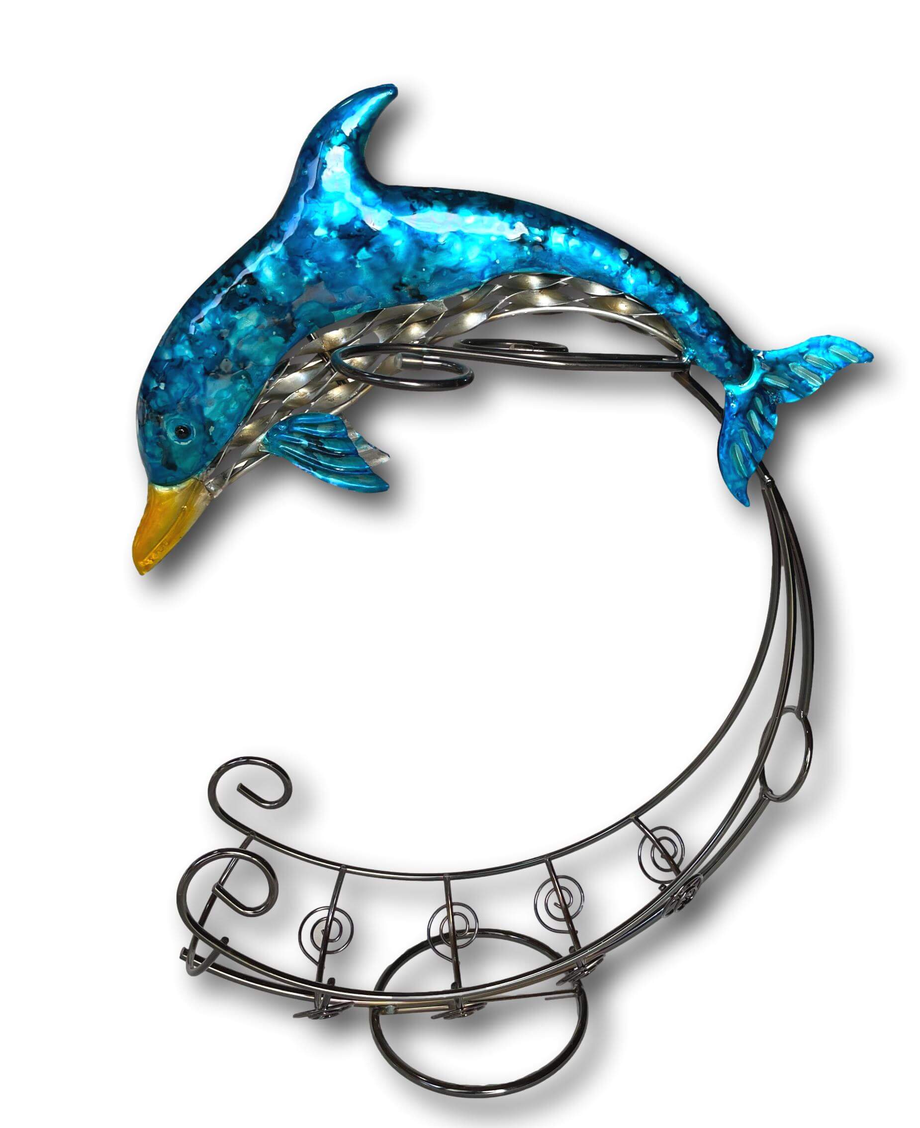 VIBRANT BLUE DOLPHIN WINE RACK - HANDMADE METAL ART + SINGING BOWLS AND MEDITATION