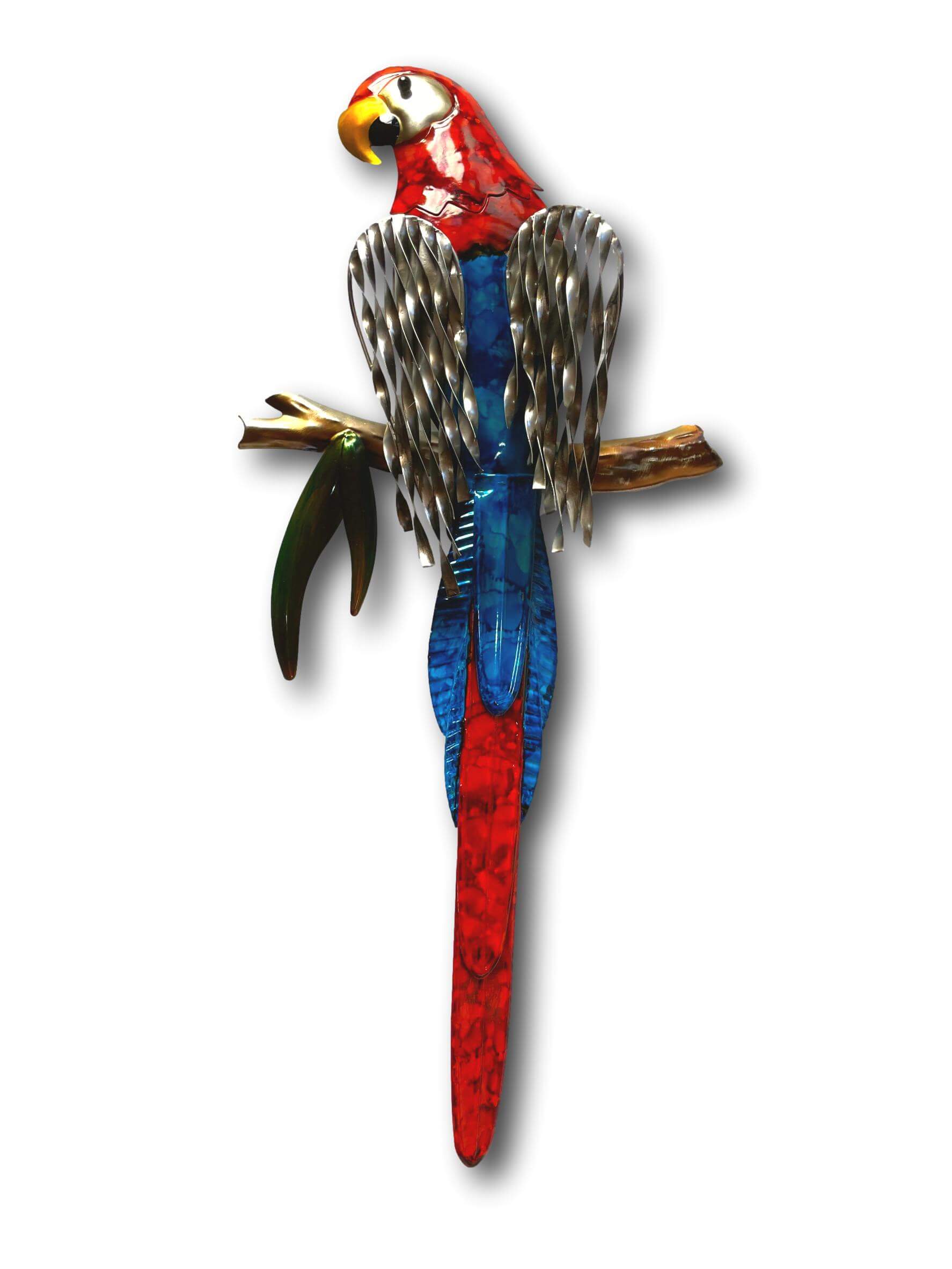 TWO COLOURFUL MACAW PARROTS WALL ART SET - HANDMADE METAL ART + SINGING BOWLS AND MEDITATION