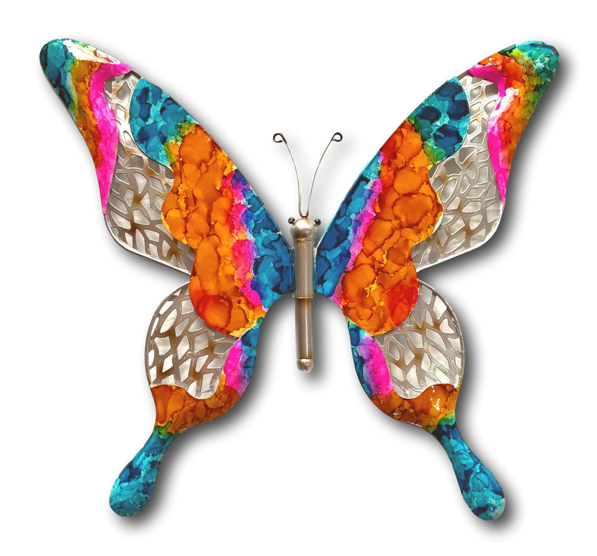 TWO COLOURFUL BUTTERFLY’S WALL ART SET - HANDMADE METAL ART + SINGING BOWLS AND MEDITATION