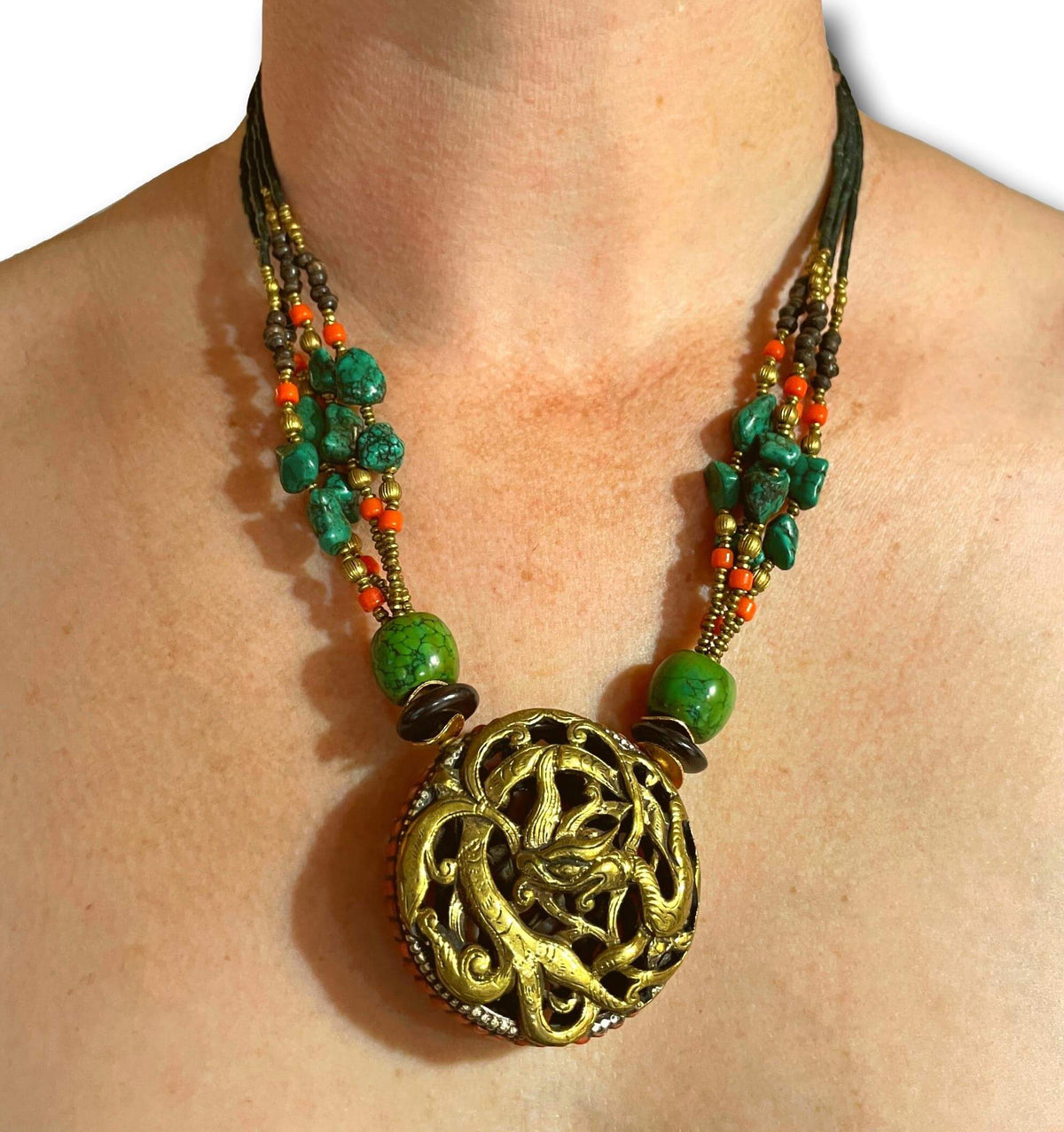 NEPALESE BRASS TURQUOISE GEMS JADE &amp; COCONUT TIBETAN NEPALESE TRIBAL STYLE DRAGON BOHO NECKLACE - HANDMADE IN NEPAL + SINGING BOWLS AND 
