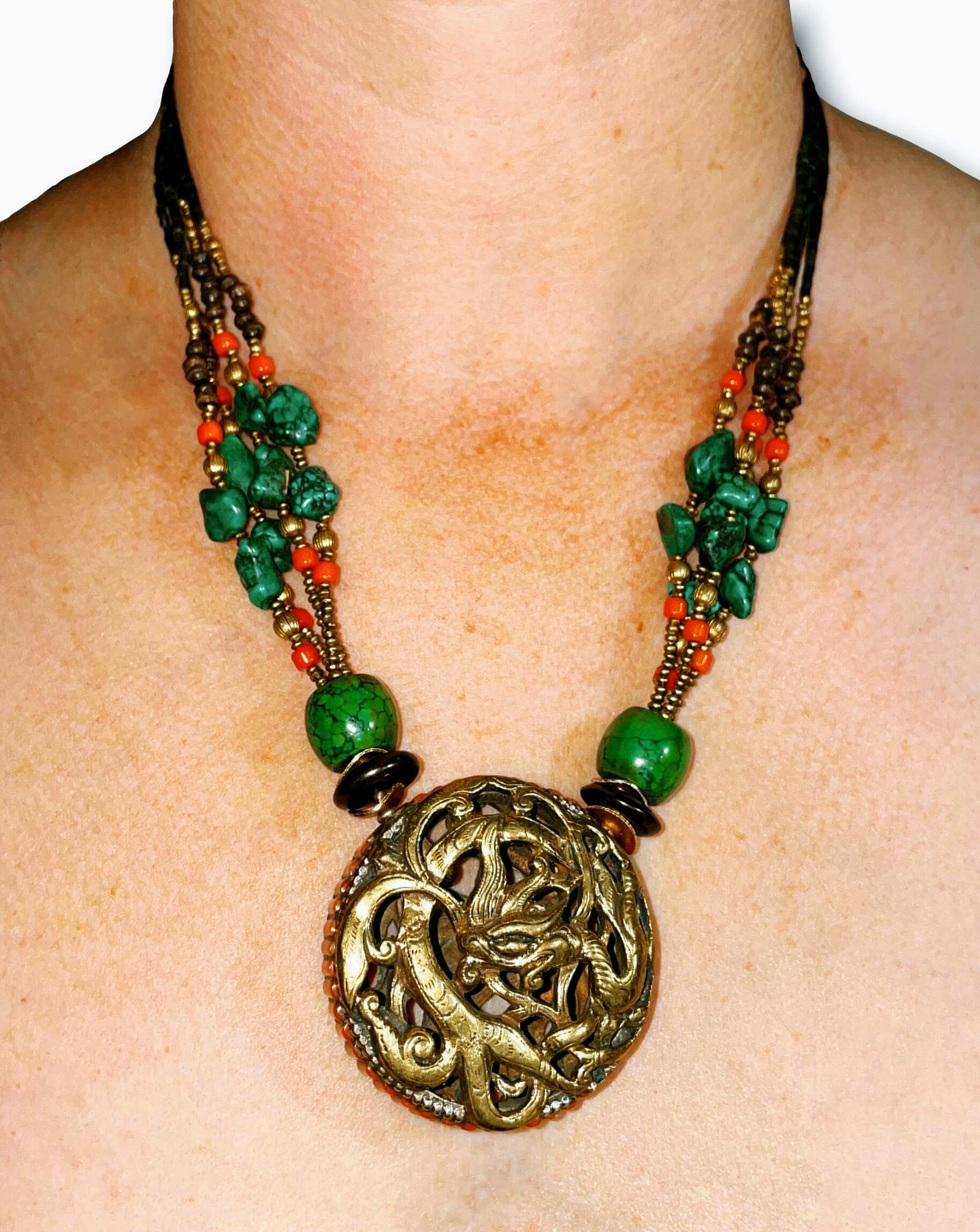 NEPALESE BRASS TURQUOISE GEMS JADE & COCONUT TIBETAN NEPALESE TRIBAL STYLE DRAGON BOHO NECKLACE - HANDMADE IN NEPAL + SINGING BOWLS AND 