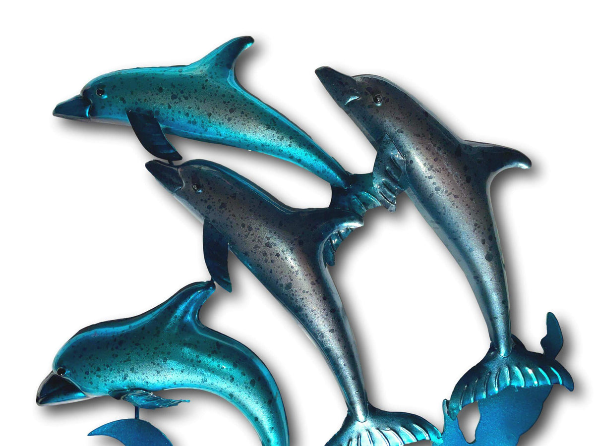 BLUE DOLPHINS JUMPING FROM THE WAVES WALL ART - HANDMADE METAL ART + SINGING BOWLS AND MEDITATION