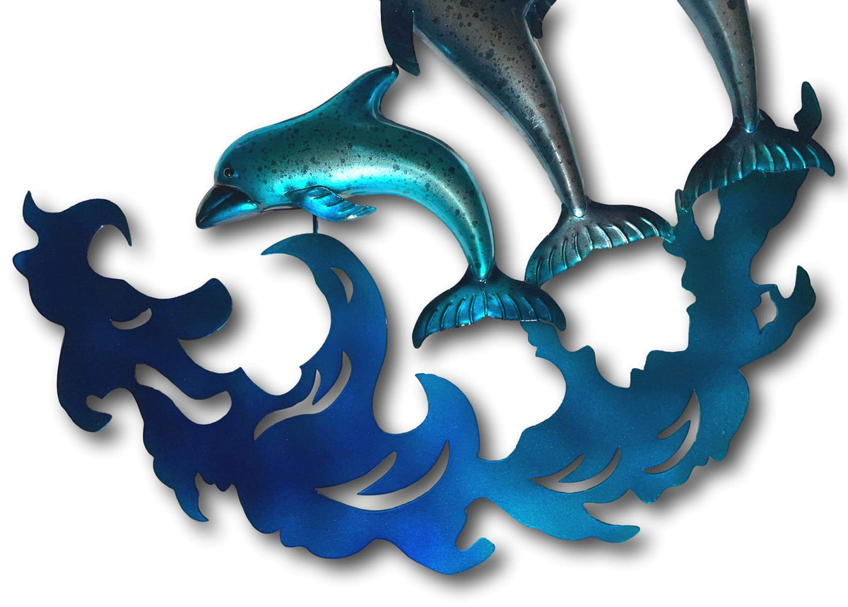 BLUE DOLPHINS JUMPING FROM THE WAVES WALL ART - HANDMADE METAL ART + SINGING BOWLS AND MEDITATION
