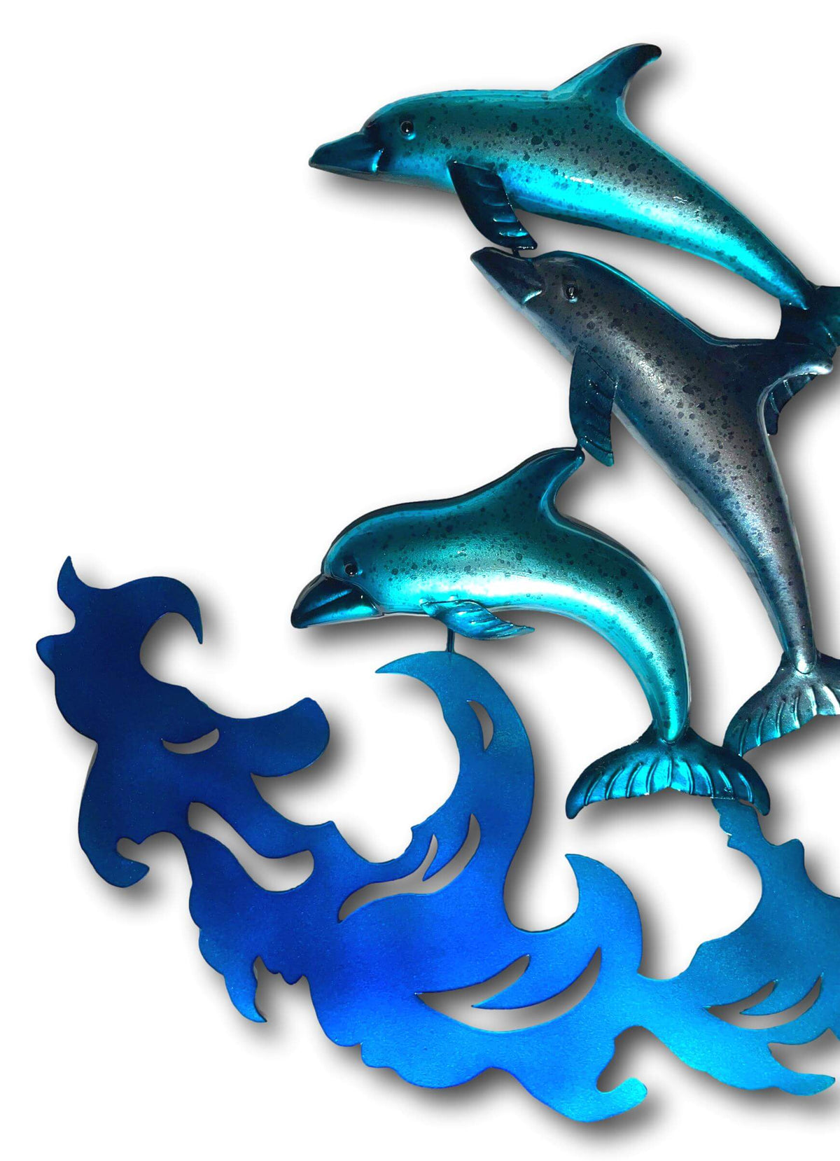 BLUE DOLPHINS JUMPING FROM THE WAVES WALL ART - HANDMADE METAL ART + SINGING BOWLS AND MEDITATION
