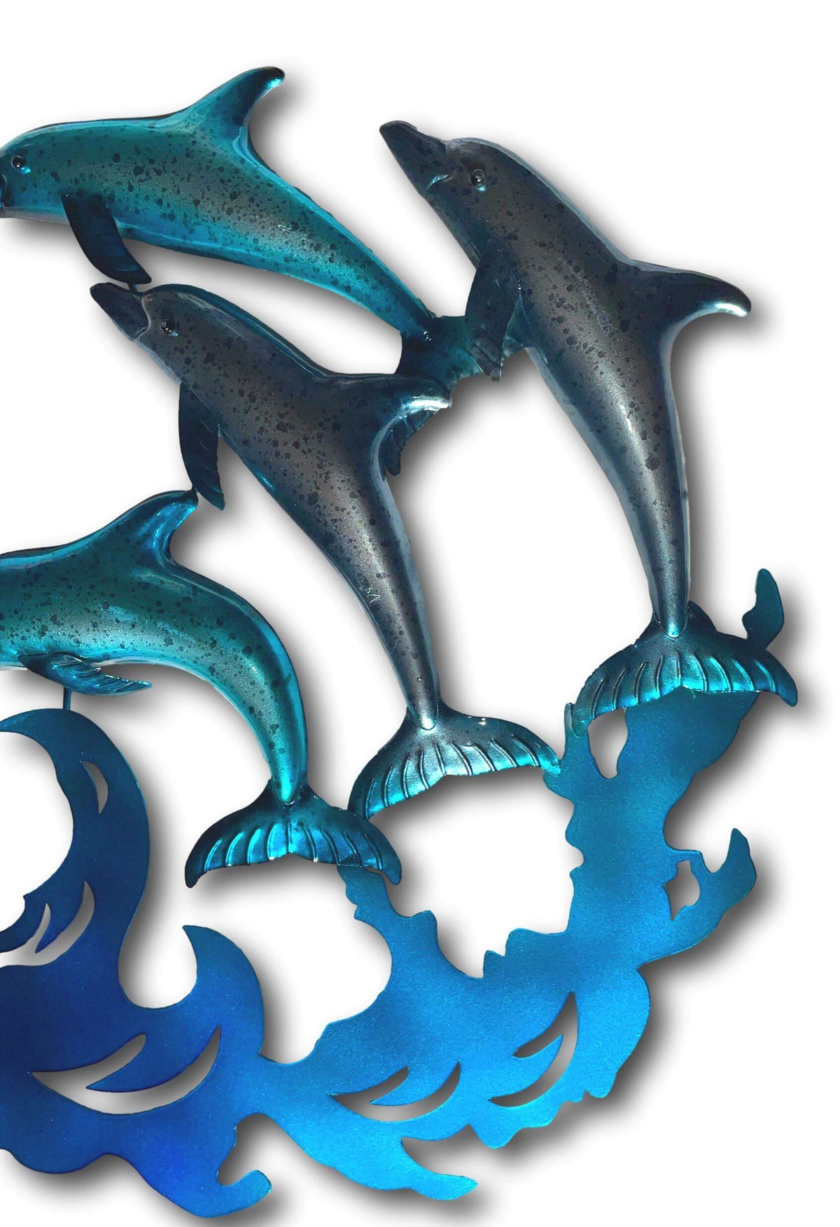 BLUE DOLPHINS JUMPING FROM THE WAVES WALL ART - HANDMADE METAL ART + SINGING BOWLS AND MEDITATION
