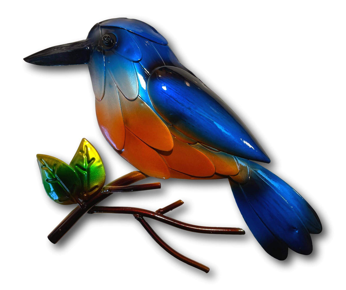 AZURE KINGFISHER ON A BRANCH WALL ART - HANDMADE METAL ART + SINGING BOWLS AND MEDITATION