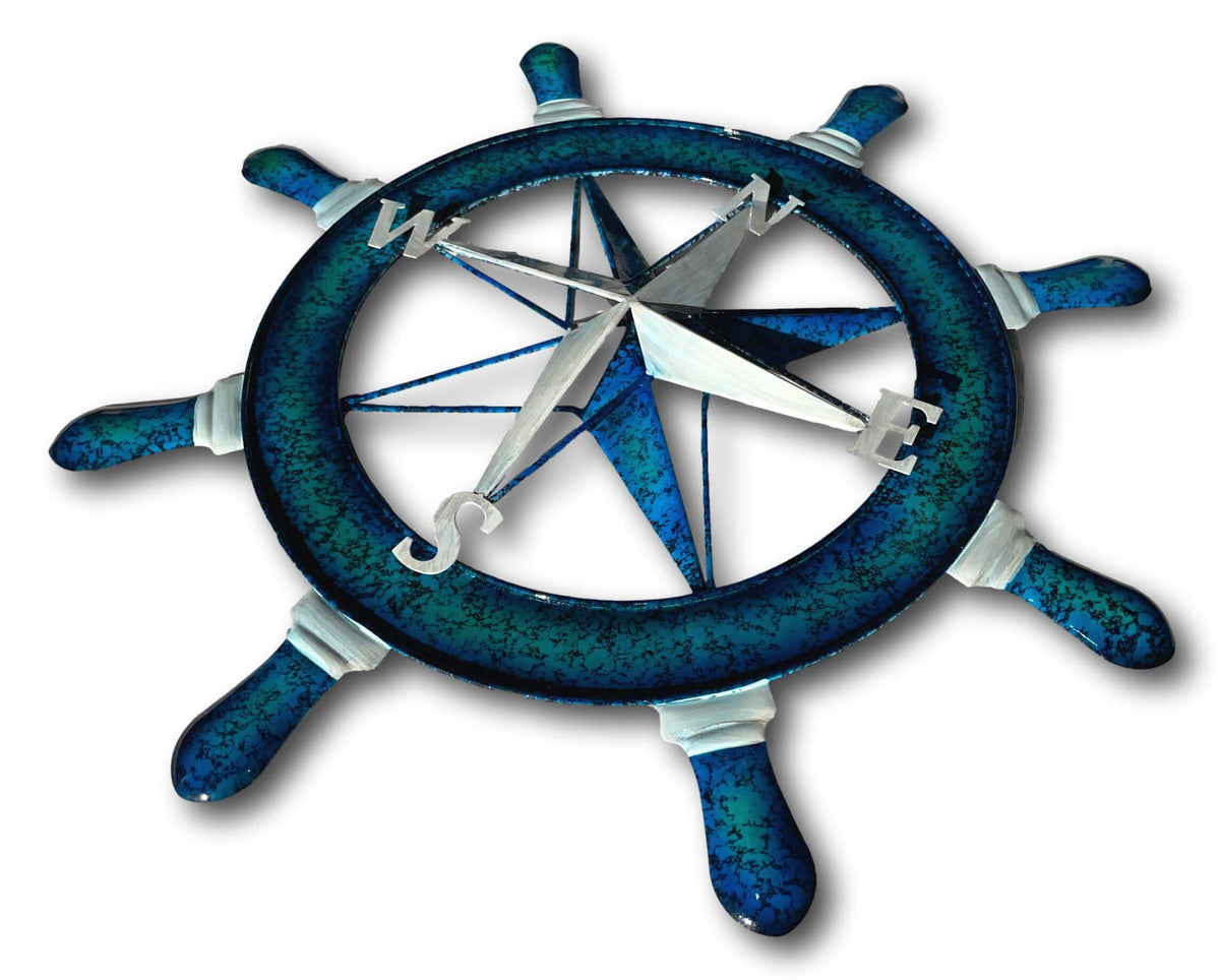 NAUTICAL SHIPS HELM WHEEL WALL ART - HANDMADE METAL ART + SINGING BOWLS AND MEDITATION