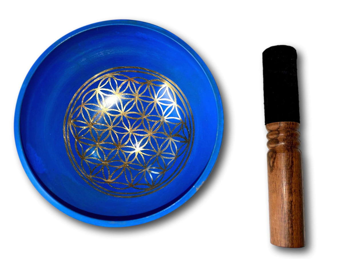 BLUE FLOWER OF LIFE GENUINE NEPALESE SINGING BOWL - MADE IN NEPAL (B4 NOTE CROWN CHAKRA) + SINGING BOWLS AND MEDITATION