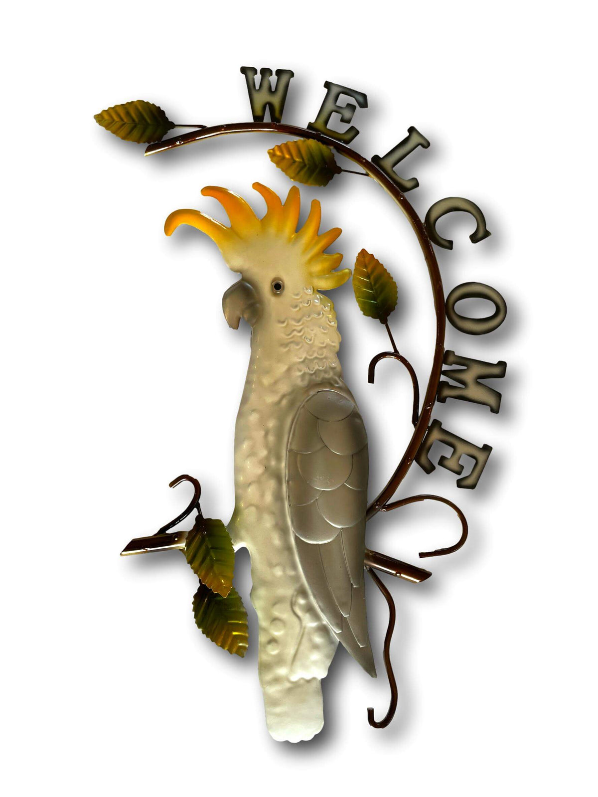 Yellow Crested White Cockatoo Welcome Sign Wall Art - Handmade Metal Art