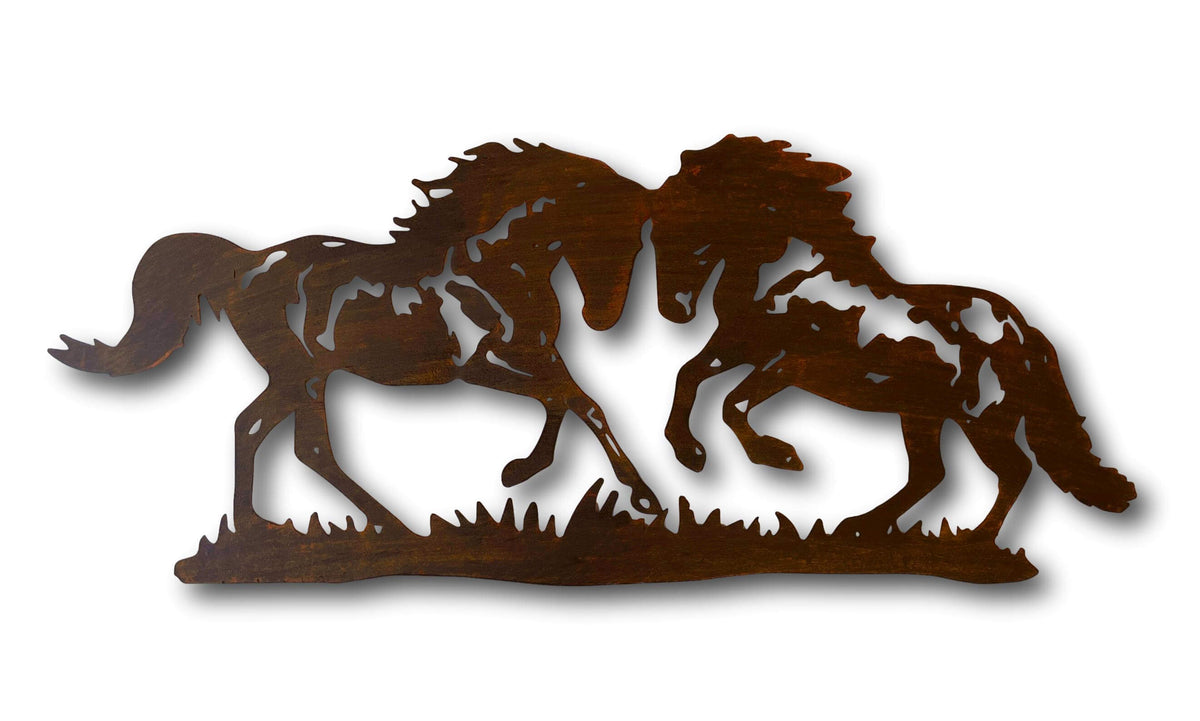 Playful Mustangs, Two Horses Wall Art - Laser Cut Metal Art 75cm X 32cm