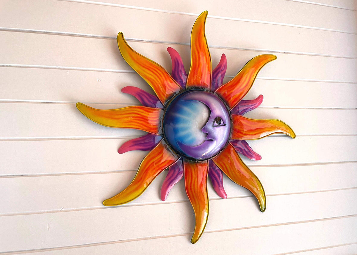 Sun &amp; Moon Yin Yang Colourful Wall Art - Handmade Bali Metal Art