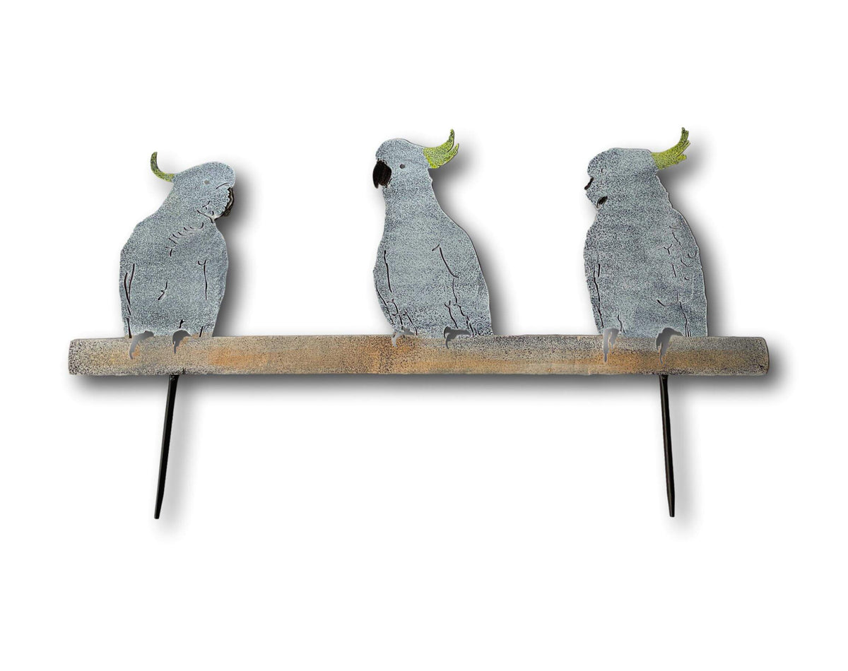 3 Yellow Crested White Cockatoos Fence, Ground &amp; Wall Art - Handmade Metal Art