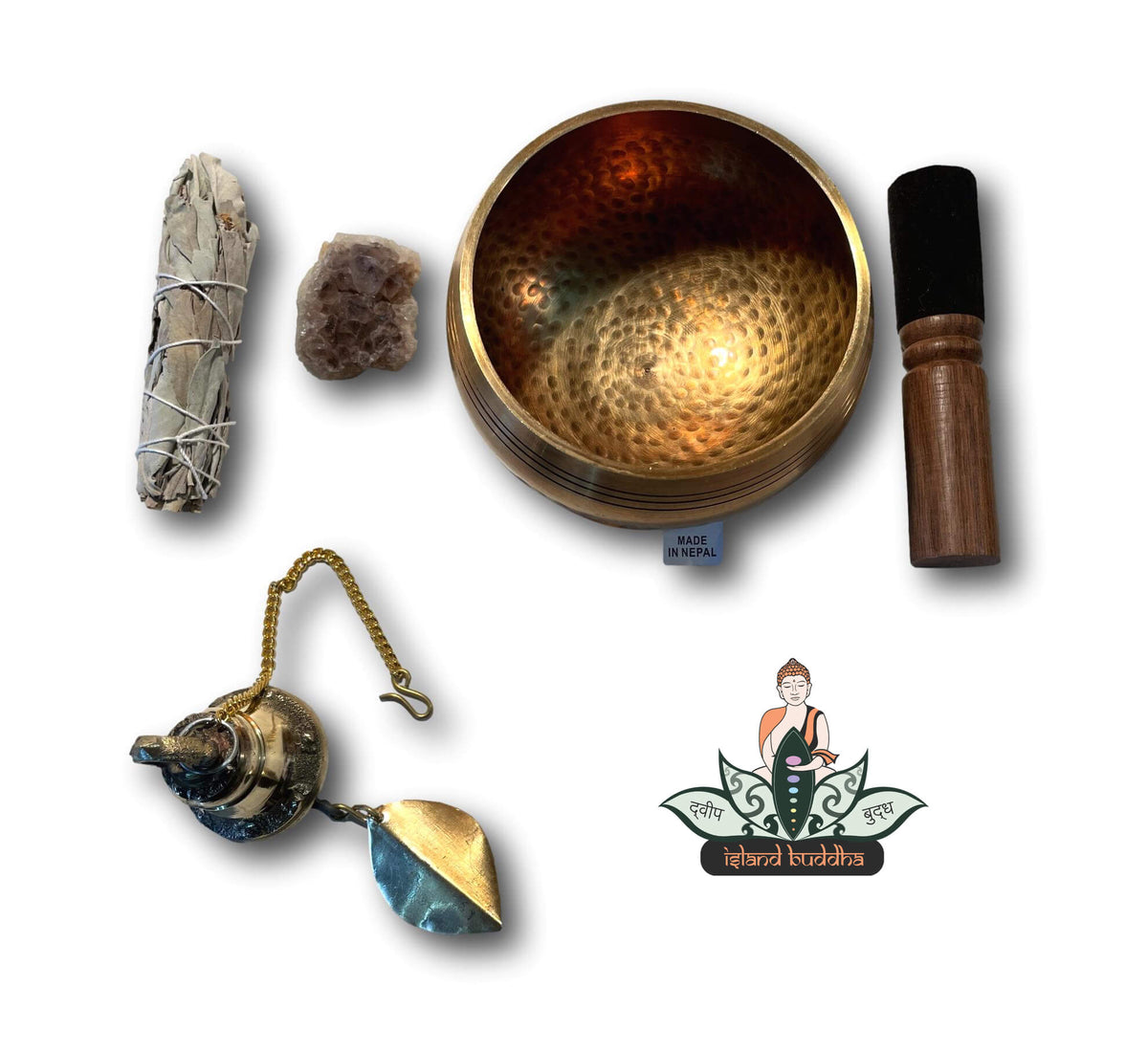 Spiritual Zen Starter Kit With Gold Genuine Nepalese Singing Bowl, Gold &amp; Brass Buddhist Wind Chime Bell Made In Nepal, Sage &amp; Amethyst Crystal
