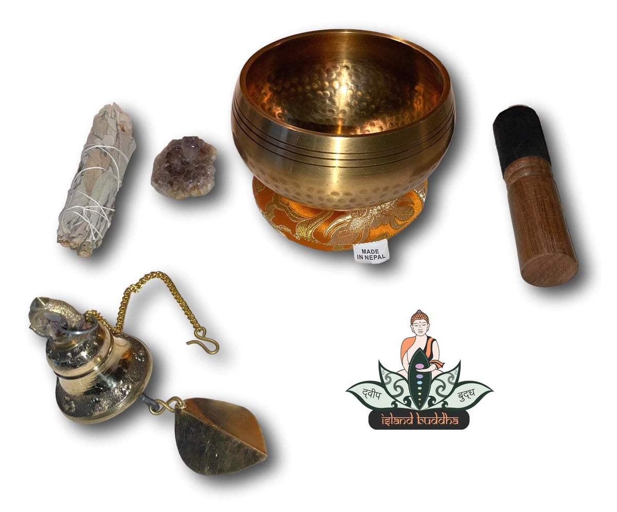 Spiritual Zen Starter Kit With Gold Genuine Nepalese Singing Bowl, Gold &amp; Brass Buddhist Wind Chime Bell Made In Nepal, Sage &amp; Amethyst Crystal