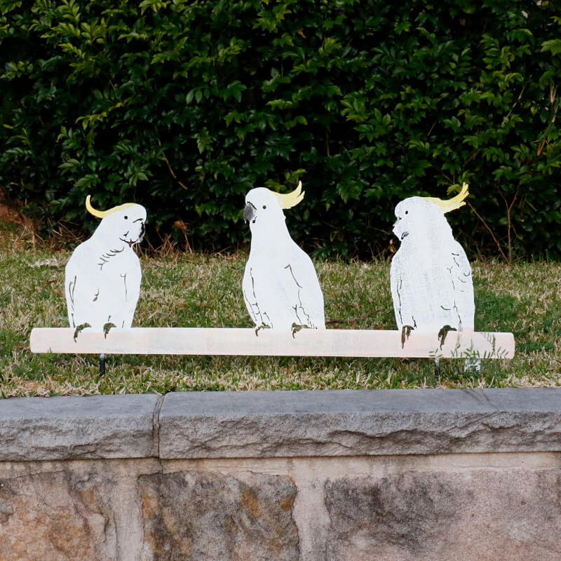 3 Yellow Crested White Cockatoos Fence, Ground &amp; Wall Art - Handmade Metal Art