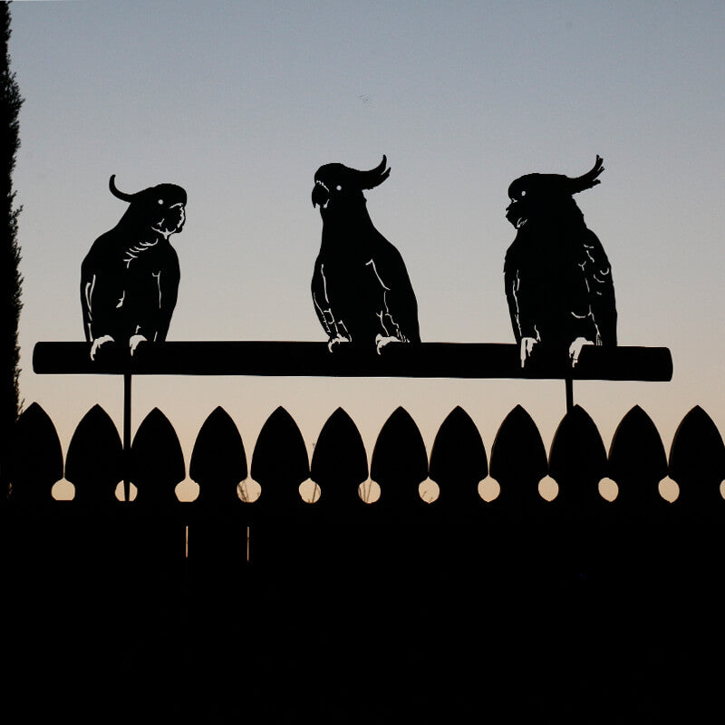 3 Yellow Crested White Cockatoos Fence, Ground &amp; Wall Art - Handmade Metal Art