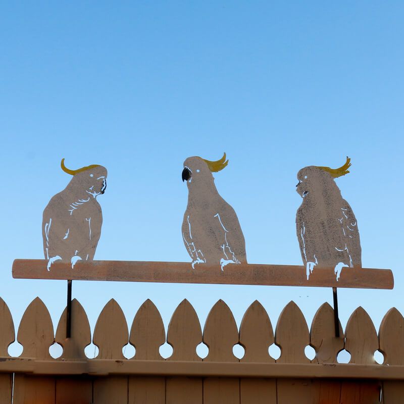 3 Yellow Crested White Cockatoos Fence, Ground &amp; Wall Art - Handmade Metal Art