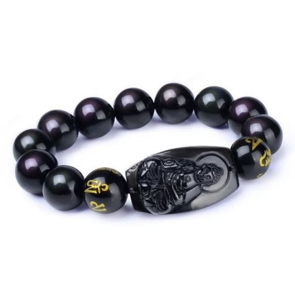 Handcrafted Obsidian Buddha Bracelet 12mm & 16mm Obsidian Beads - Island Buddha