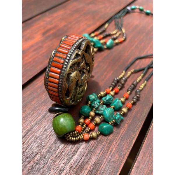 A$69.95 - NEPALESE BRASS STONE TURQUOISE &amp; CORAL TIBETAN NEPALESE TRIBAL STYLE BOHO NECKLACE - HAND MADE &amp; 0.25KG (8) ISLAND BUDDHA