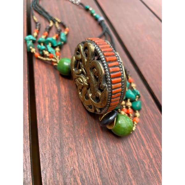 A$69.95 - NEPALESE BRASS STONE TURQUOISE &amp; CORAL TIBETAN NEPALESE TRIBAL STYLE BOHO NECKLACE - HAND MADE &amp; 0.25KG (7) ISLAND BUDDHA