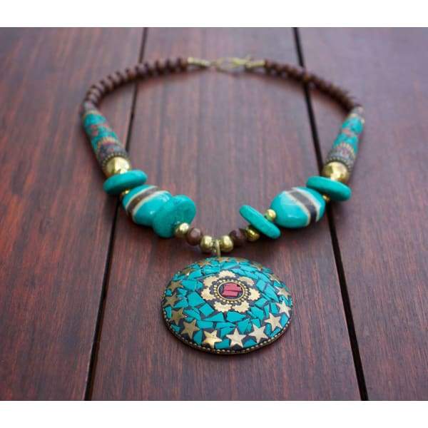 A$89.95 - NEPALESE STONE TURQUOISE &amp; CORAL TRIBAL STYLE BOHO NECKLACE - HAND MADE &amp; CRAFTED IN NEPAL 🇳🇵 0.2KG (2) ISLAND BUDDHA