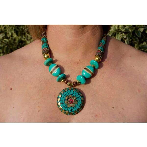 A$89.95 - NEPALESE STONE TURQUOISE &amp; CORAL TRIBAL STYLE BOHO NECKLACE - HAND MADE &amp; CRAFTED IN NEPAL 🇳🇵 0.2KG (9) ISLAND BUDDHA