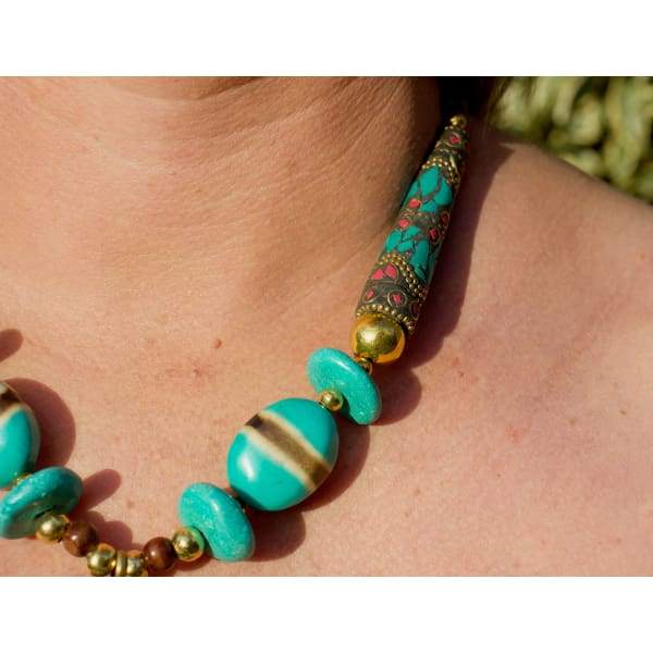 A$89.95 - NEPALESE STONE TURQUOISE &amp; CORAL TRIBAL STYLE BOHO NECKLACE - HAND MADE &amp; CRAFTED IN NEPAL 🇳🇵 0.2KG (13) ISLAND BUDDHA
