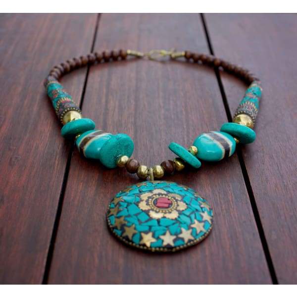 A$89.95 - NEPALESE STONE TURQUOISE &amp; CORAL TRIBAL STYLE BOHO NECKLACE - HAND MADE &amp; CRAFTED IN NEPAL 🇳🇵 0.2KG (1) ISLAND BUDDHA