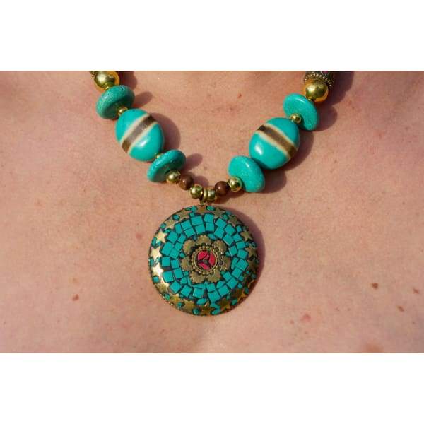 A$89.95 - NEPALESE STONE TURQUOISE & CORAL TRIBAL STYLE BOHO NECKLACE - HAND MADE & CRAFTED IN NEPAL 🇳🇵 0.2KG (8) ISLAND BUDDHA
