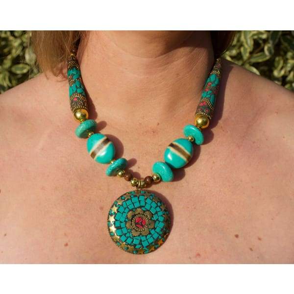 A$89.95 - NEPALESE STONE TURQUOISE &amp; CORAL TRIBAL STYLE BOHO NECKLACE - HAND MADE &amp; CRAFTED IN NEPAL 🇳🇵 0.2KG (11) ISLAND BUDDHA