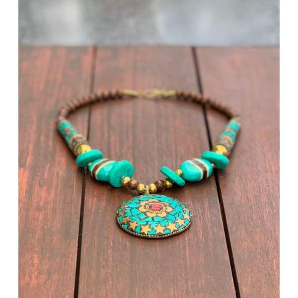 A$89.95 - NEPALESE STONE TURQUOISE &amp; CORAL TRIBAL STYLE BOHO NECKLACE - HAND MADE &amp; CRAFTED IN NEPAL 🇳🇵 0.2KG (15) ISLAND BUDDHA