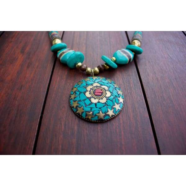 A$89.95 - NEPALESE STONE TURQUOISE &amp; CORAL TRIBAL STYLE BOHO NECKLACE - HAND MADE &amp; CRAFTED IN NEPAL 🇳🇵 0.2KG (3) ISLAND BUDDHA