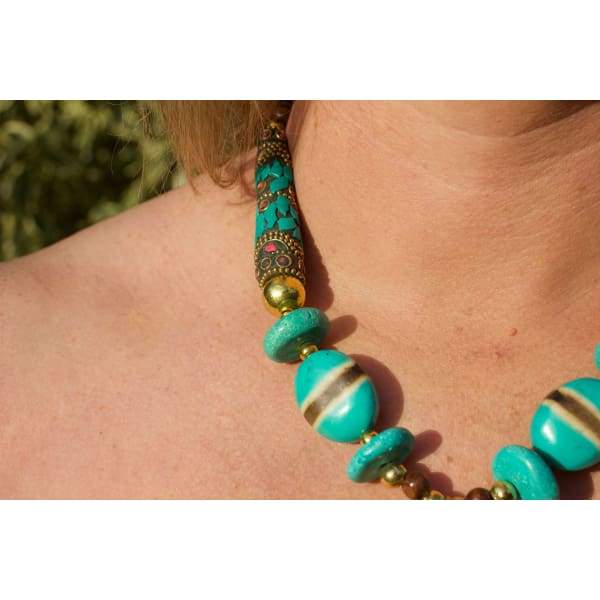 A$89.95 - NEPALESE STONE TURQUOISE &amp; CORAL TRIBAL STYLE BOHO NECKLACE - HAND MADE &amp; CRAFTED IN NEPAL 🇳🇵 0.2KG (12) ISLAND BUDDHA