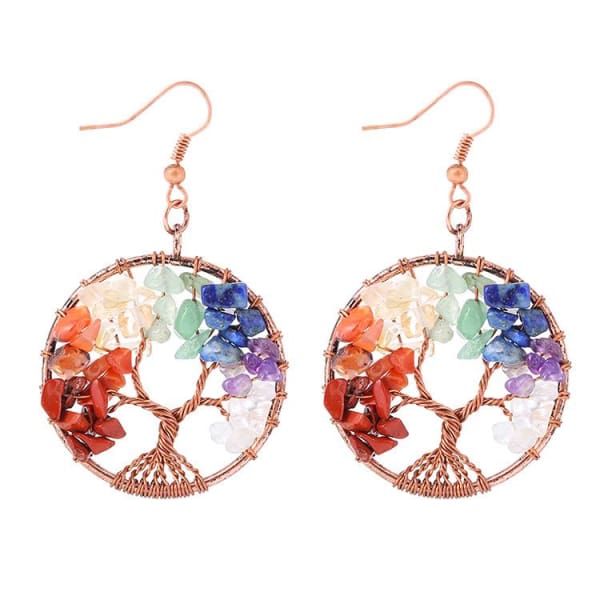 $17.77 - TREE OF LIFE 7 CHAKRA HEALING STONES EARRING SET BRASS 0.06KG (8) ISLAND BUDDHA
