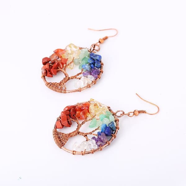$17.77 - TREE OF LIFE 7 CHAKRA HEALING STONES EARRING SET (5) ISLAND BUDDHA