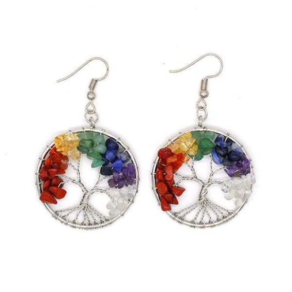 $17.77 - TREE OF LIFE 7 CHAKRA HEALING STONES EARRING SET SILVER 0.06KG (1) ISLAND BUDDHA