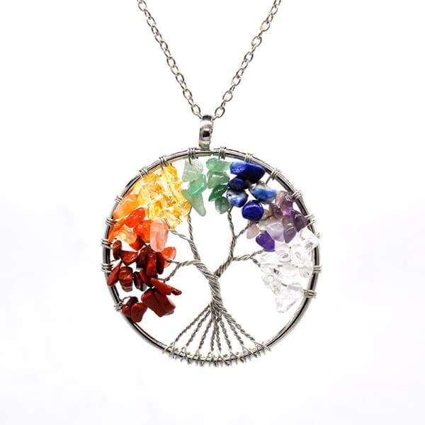 $19.97 - TREE OF LIFE 7 CHAKRA HEALING STONES NECKLACE SILVER 0.1KG (1) ISLAND BUDDHA