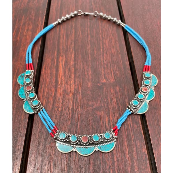 A$54.95 - TURQUOISE & CORAL TIBETAN NEPALESE TRIBAL STYLE BOHO NECKLACE - HAND MADE IN NEPAL 🇳🇵 0.25KG (1) ISLAND BUDDHA